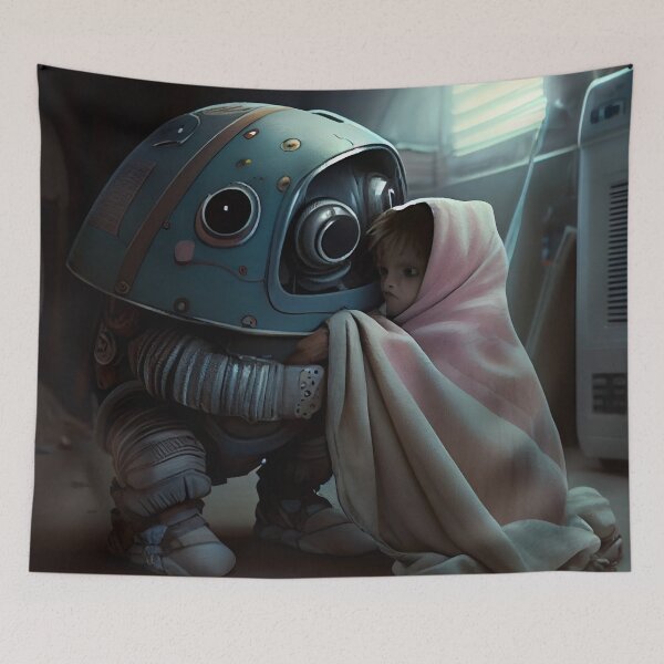 Aperçu de l'œuvre Investigating Under the Robots Blanket Digital Painting créée et vendue par CodeAndColors.
