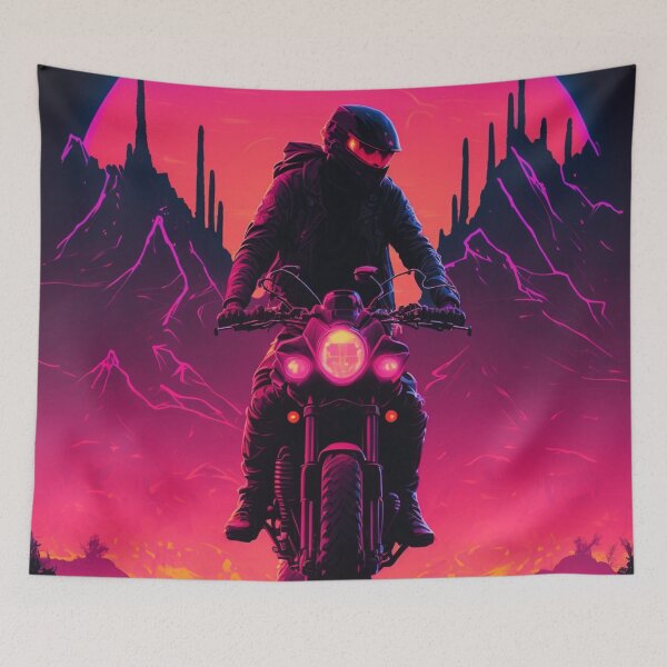 Item preview, Cyberpunk Motorcyclist Riding Down A Road With Synthwave Sun Behind Him  designed and sold by Nightarcade.