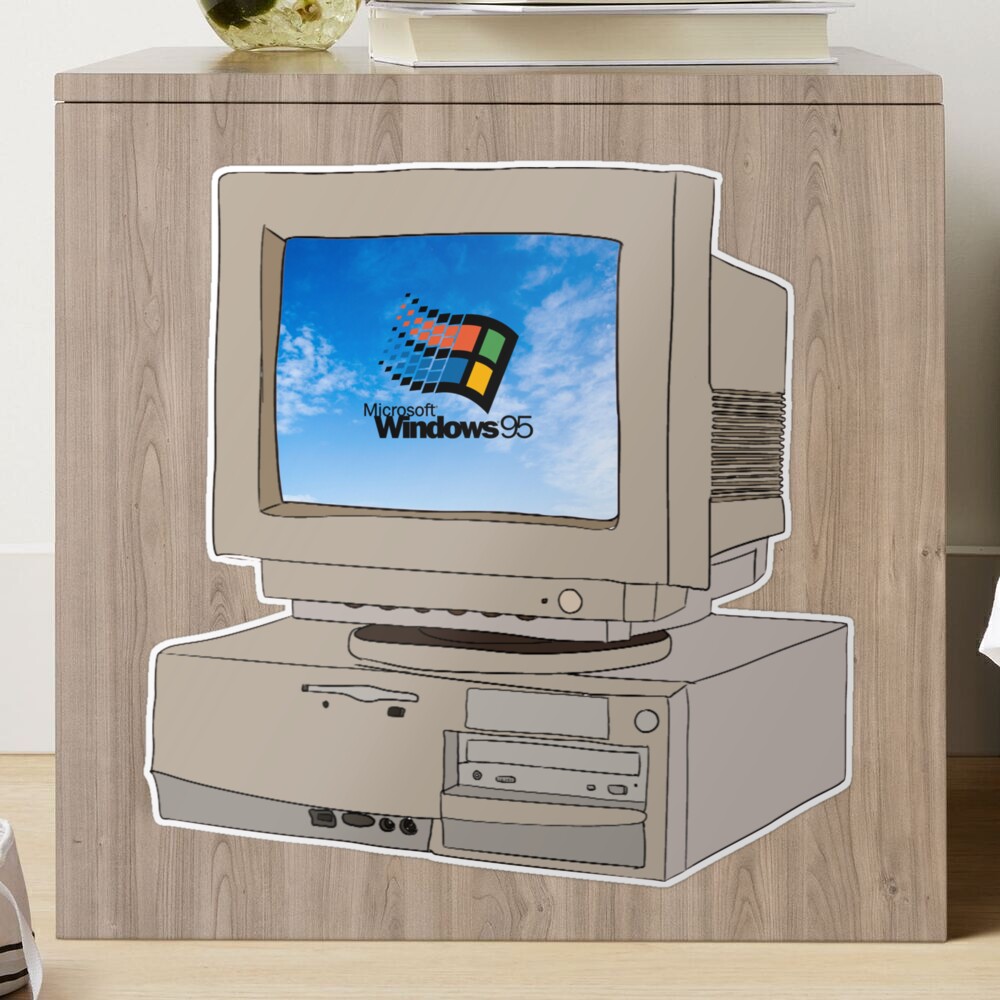 Windows 95 on an old school desktop Sticker for Sale by