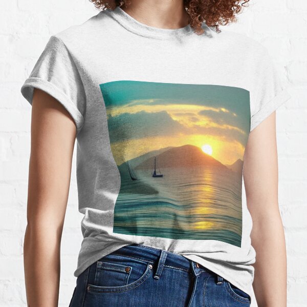 Sea, waves, sun glare, glare, sailboat, sail, fishing nets, mountain, dawn, sunset, sea waves, green water, clouds, haze, romance, beauty, spaciousness, seascape Classic T-Shirt