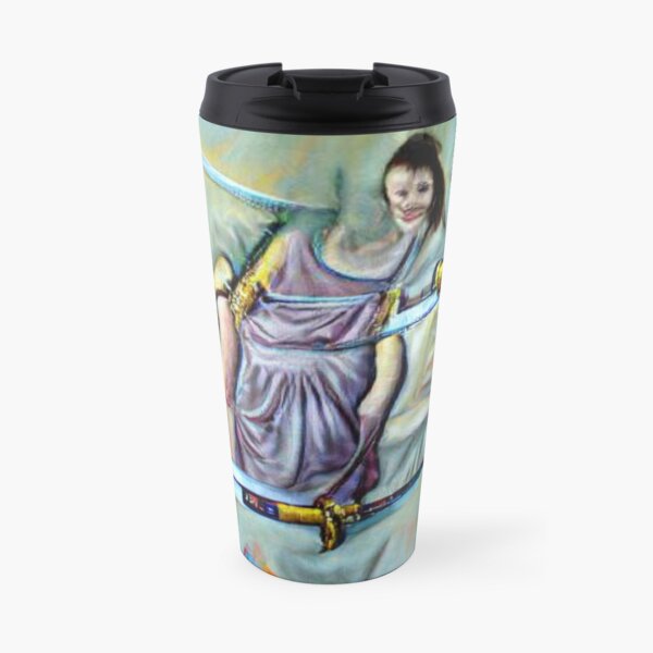 On the canvas, we see a lovely young woman who casually holds a formidable sword with one hand Travel Coffee Mug