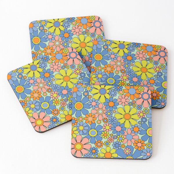 Item preview, Retro Garden Flowers Groovy 60s 70s Spring Floral Pattern Blue Orange Chartreuse Pink Black Pastel Green designed and sold by kierkegaard.