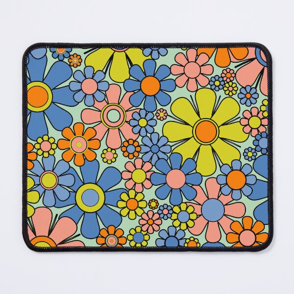 Item preview, Retro Garden Flowers Groovy 60s 70s Spring Floral Pattern Blue Orange Chartreuse Pink Black Pastel Green designed and sold by kierkegaard.