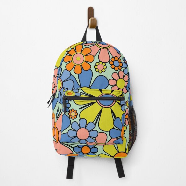 Item preview, Retro Garden Flowers Groovy 60s 70s Spring Floral Pattern Blue Orange Chartreuse Pink Black Pastel Green designed and sold by kierkegaard.
