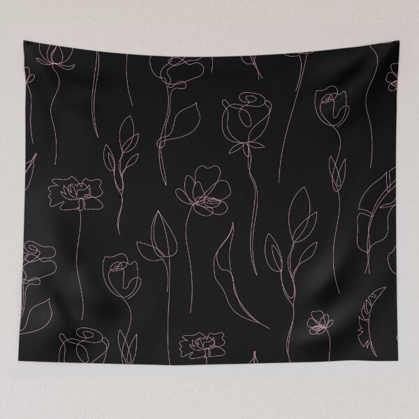 Item preview, pink line art flowers on black background designed and sold by MGuyerArt.