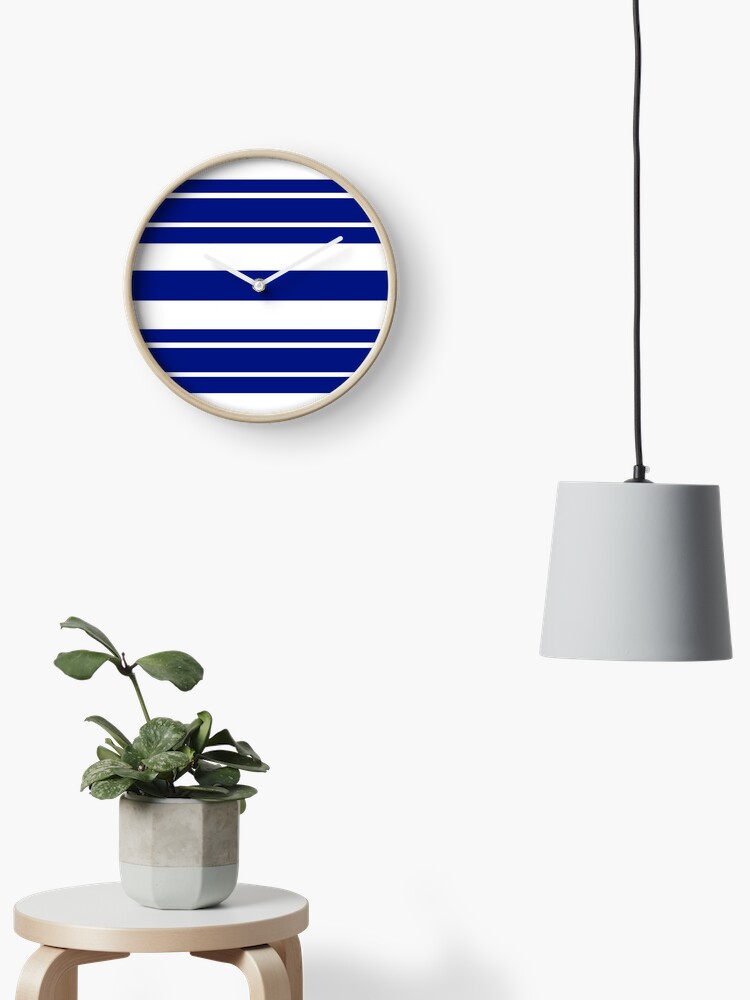 Clock, Navy blue and white stripe pattern designed and sold by HEVIFineart