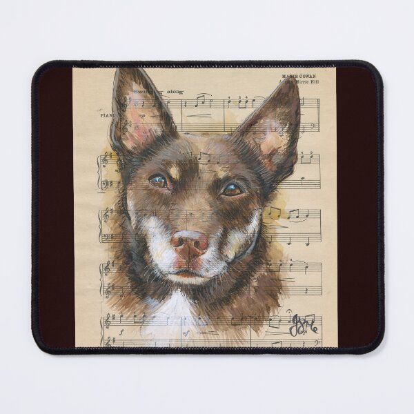 Item preview, kelpie on vintage sheet music red and tan  designed and sold by Jacky Darcy Art.