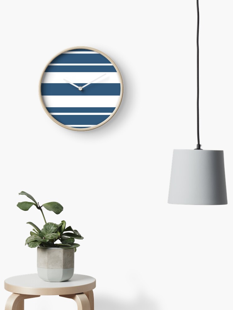 Clock, Teal blue and white stripe pattern designed and sold by HEVIFineart