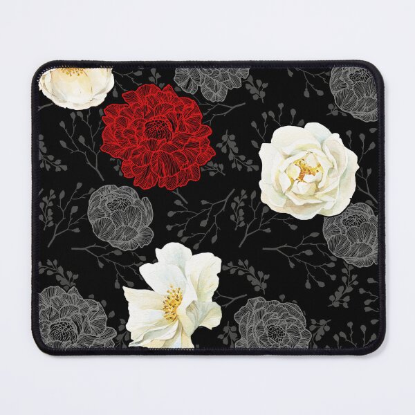 Item preview, Watercolor and line art floral pattern Wild White Rose, Red and Gray on black designed and sold by MadfishDesigns.
