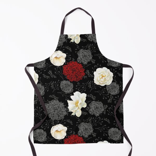 Item preview, Watercolor and line art floral pattern Wild White Rose, Red and Gray on black designed and sold by MadfishDesigns.