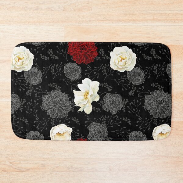 Item preview, Watercolor and line art floral pattern Wild White Rose, Red and Gray on black designed and sold by MadfishDesigns.