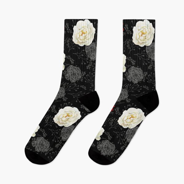 Item preview, Watercolor and line art floral pattern Wild White Rose, Red and Gray on black designed and sold by MadfishDesigns.