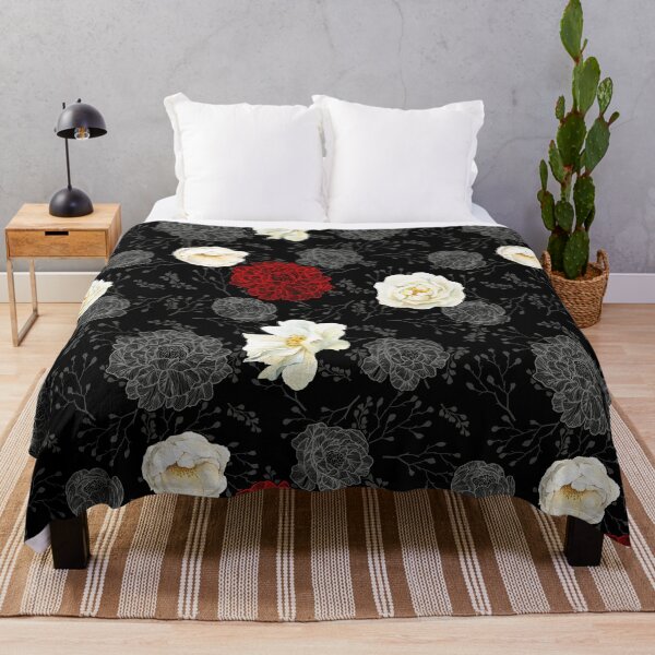 Item preview, Watercolor and line art floral pattern Wild White Rose, Red and Gray on black designed and sold by MadfishDesigns.