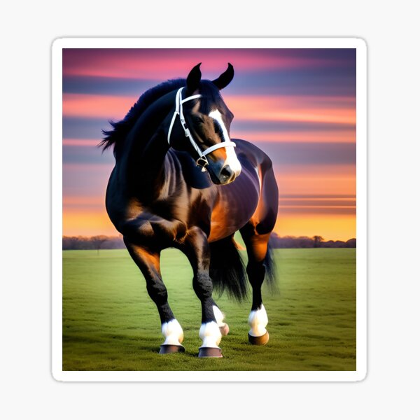 Aperçu de l'œuvre Cheval Étalon Beauté noire et brune Pâturages verts et coucher de soleil créée et vendue par deniselynnimage.