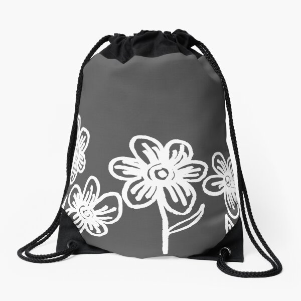 Grey and White Flowers Drawstring Bag