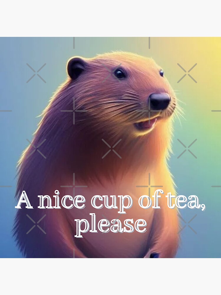Thumbnail 3 of 3, Sticker, Polite Beaver says: "A nice cup of tea, please". designed and sold by PhotoDesignNZ.