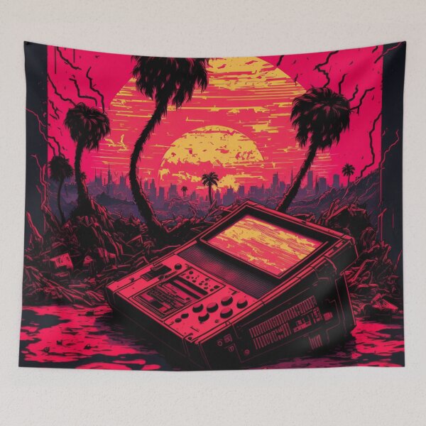 Item preview, Abandoned Gaming Consol Under Palm Trees And Synthwave Sun designed and sold by Nightarcade.