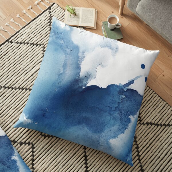 Indigo Blue Sea, Abstract Ink Painting Floor Pillow