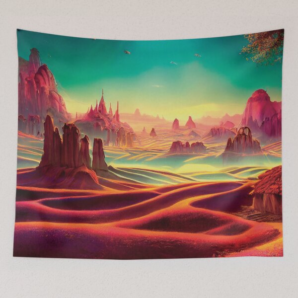 Item preview, a painting of a landscape with mountains and planets designed and sold by DesignAtYO.