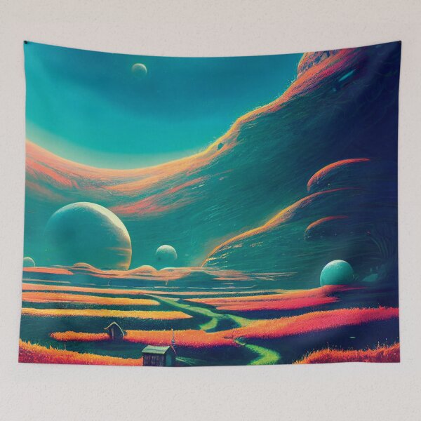Item preview, a painting of a landscape with planets in the background designed and sold by DesignAtYO.