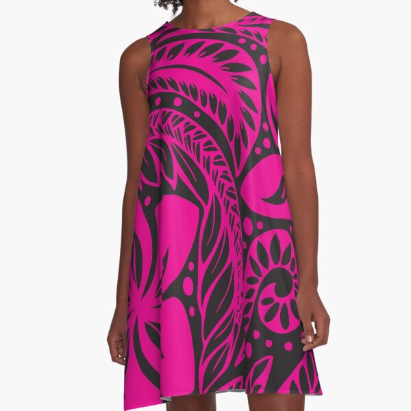 Pink Over Black Polynesian New Zealand Floral Tattoo A-Line Dress