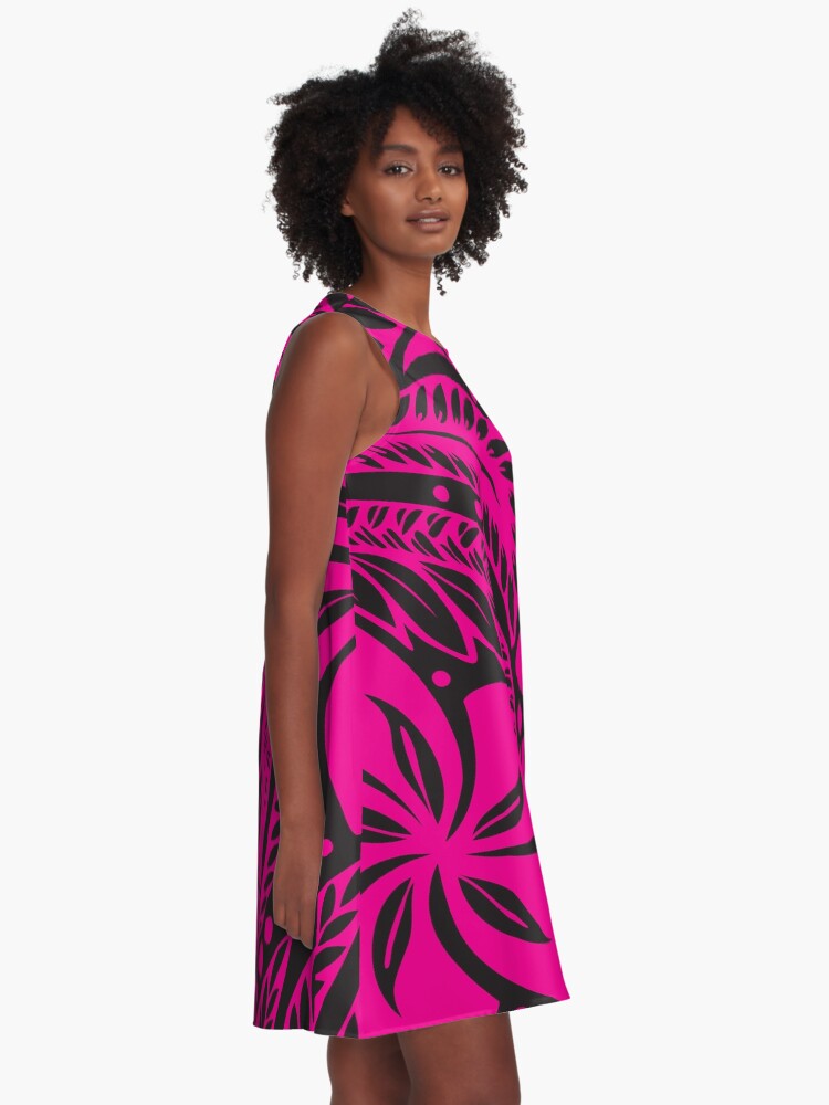 Alternate view of Pink Over Black Polynesian New Zealand Floral Tattoo A-Line Dress