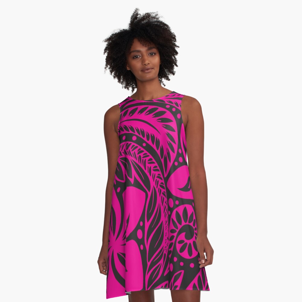 Pink Over Black Polynesian New Zealand Floral Tattoo A-Line Dress