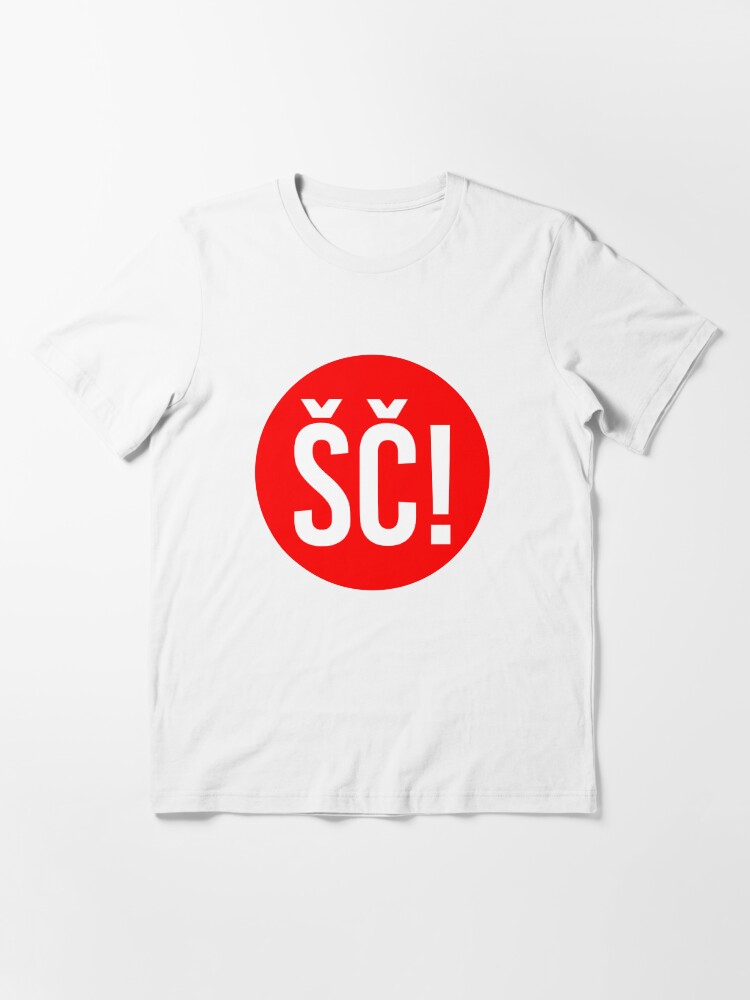 red shirt with white letters