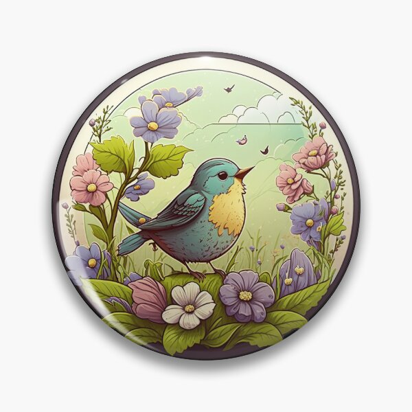 Item preview, Snowy Blue flycatcher In field of flowers round emblem drawing designed and sold by PurpleMoss.