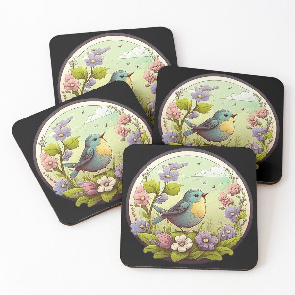 Item preview, Snowy Blue flycatcher In field of flowers round emblem drawing designed and sold by PurpleMoss.
