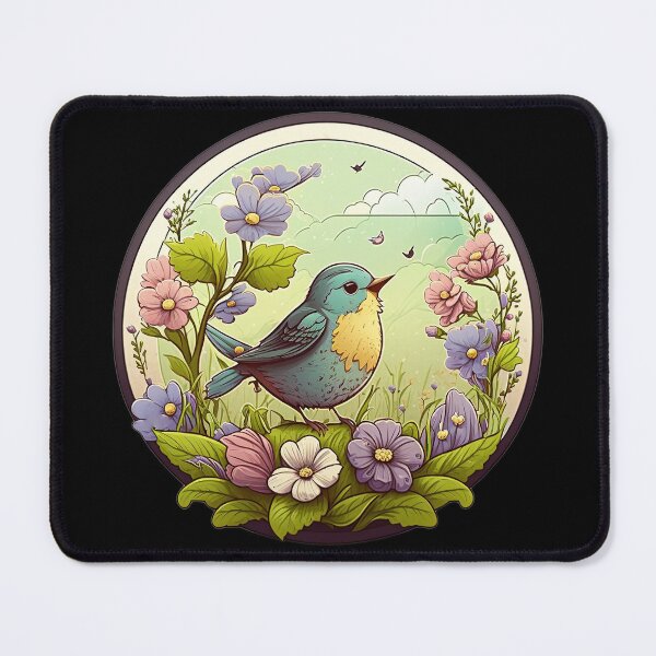 Item preview, Snowy Blue flycatcher In field of flowers round emblem drawing designed and sold by PurpleMoss.