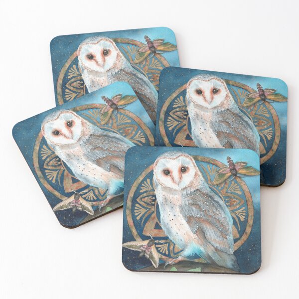 Item preview, Watercolor barn owl with two hawkmothes designed and sold by MaryWatercolor.