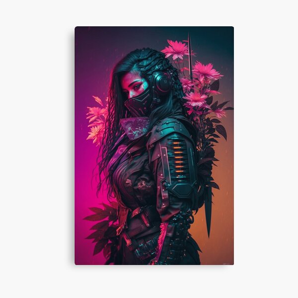 80s Cyberpunk Female Samurai Covered in Blossoms Canvas Print