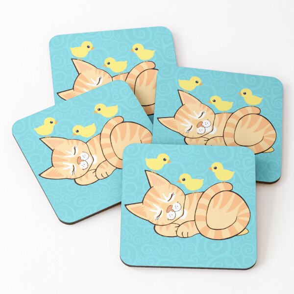 Item preview, Sleepy ginger cat and chickie friends on turquoise spirals  designed and sold by QuirkyCatz.
