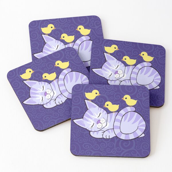 Item preview, Sleepy lilac cat and chickie friends on purple spirals  designed and sold by QuirkyCatz.