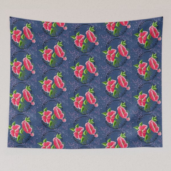 Item preview, Pink flower branch in a frame with blue background designed and sold by GinaDesignUK.