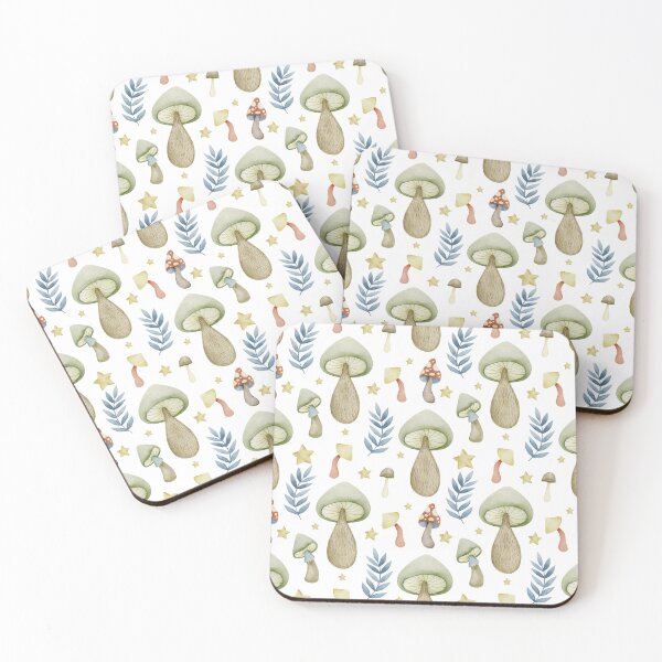 Item preview, Soft Mushrooms & Stars with Leaves on White - Witchy Pattern designed and sold by ThriceRound.