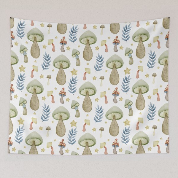 Item preview, Soft Mushrooms & Stars with Leaves on White - Witchy Pattern designed and sold by ThriceRound.