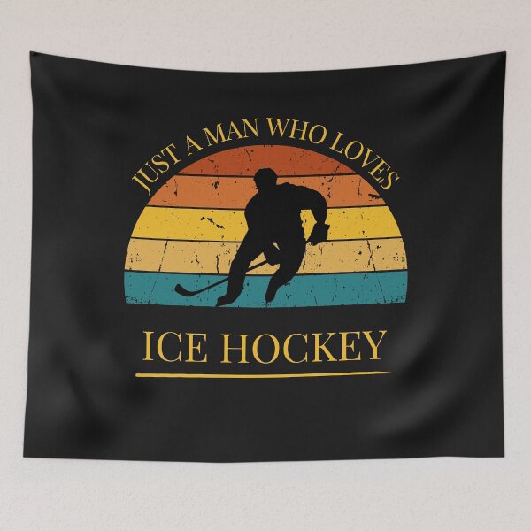 Artikelvorschau, Eishockey Nur ein Mann, der Eishockey liebt Retro Sonnenuntergang entworfen und verkauft von FreeMind-Design.