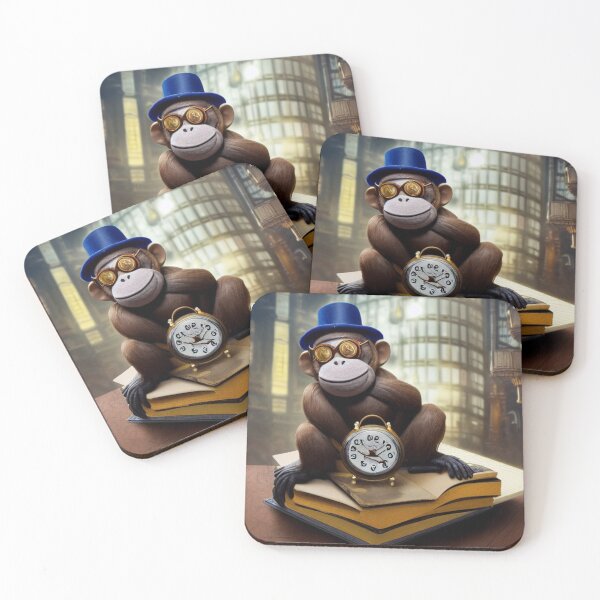 Item preview, Steampunk monkey wearing glasses and a hat holding a clock sitting  on books designed and sold by RemieJames.