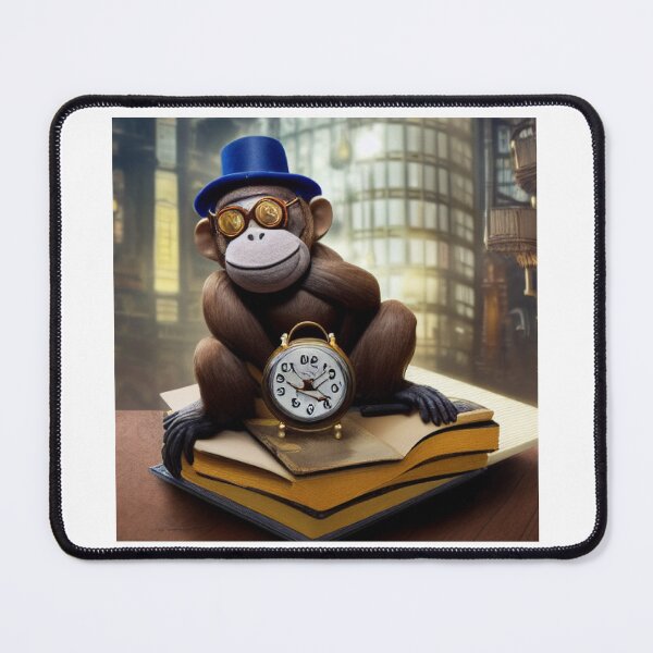 Item preview, Steampunk monkey wearing glasses and a hat holding a clock sitting on books designed and sold by RemieJames.