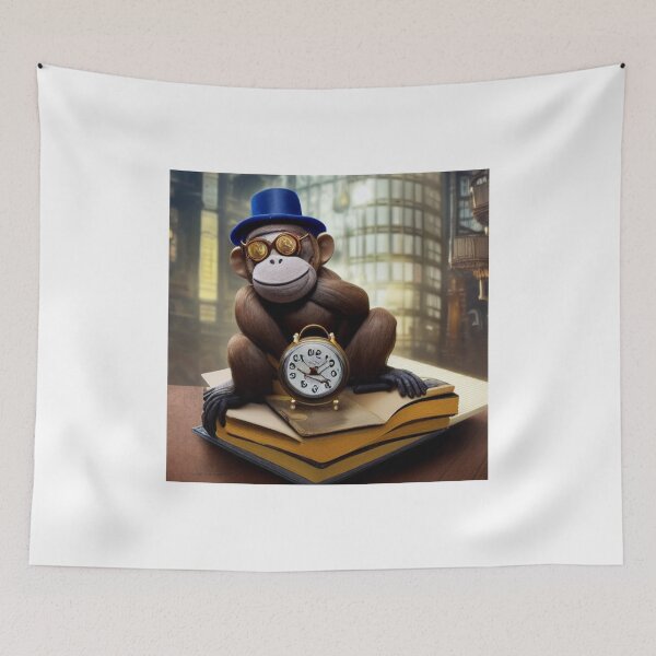 Item preview, Steampunk monkey wearing glasses and a hat holding a clock sitting  on books designed and sold by RemieJames.