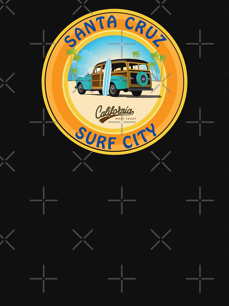 "Surf City Santa Cruz Logo with Woodie on the Beach California Dark" T