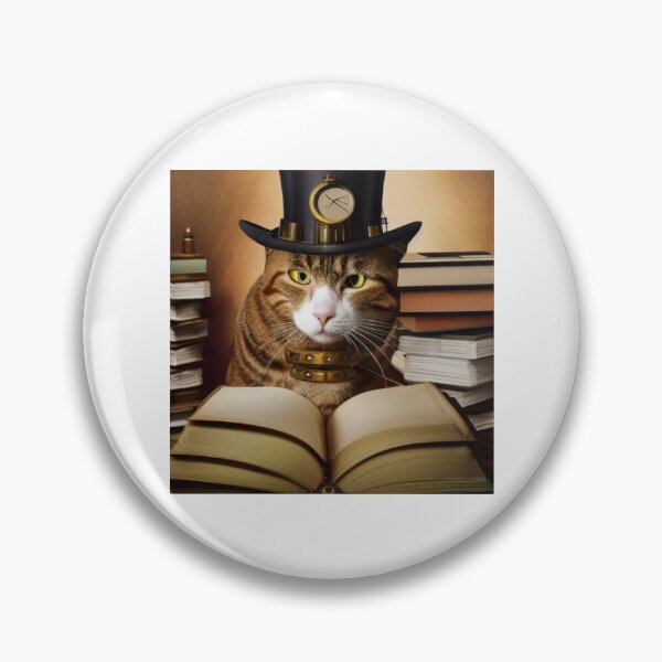 Item preview, Steampunk cat wearing a hat with a clock sitting  on books designed and sold by RemieJames.