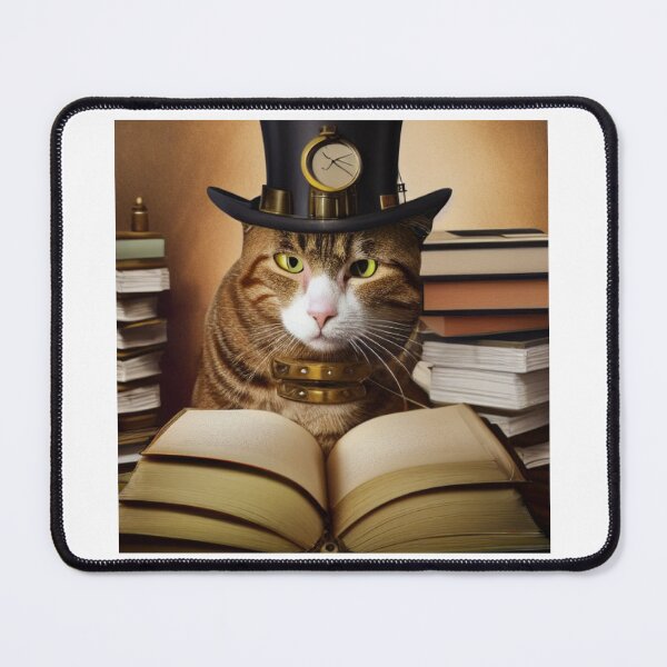 Item preview, Steampunk cat wearing a hat with a clock sitting on books designed and sold by RemieJames.