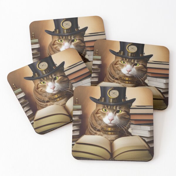 Item preview, Steampunk cat wearing a hat with a clock sitting  on books designed and sold by RemieJames.