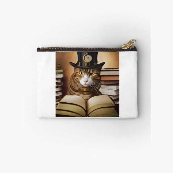 Item preview, Steampunk cat wearing a hat with a clock sitting  on books designed and sold by RemieJames.