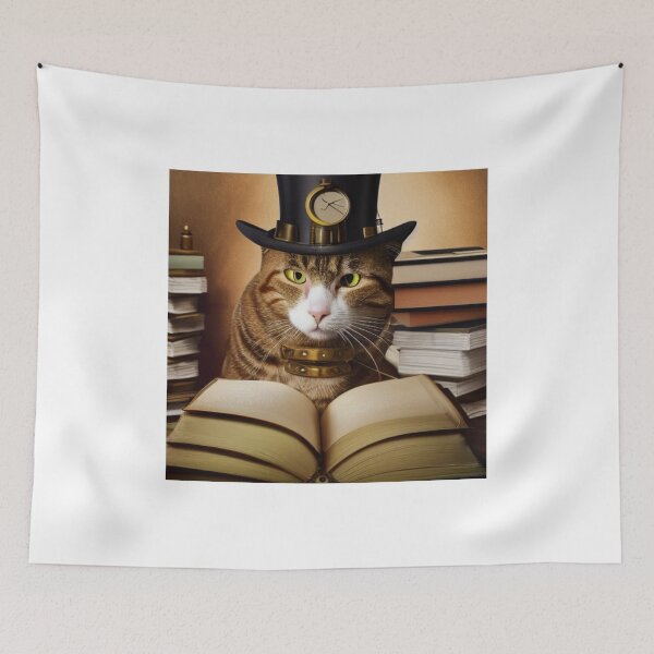 Item preview, Steampunk cat wearing a hat with a clock sitting  on books designed and sold by RemieJames.