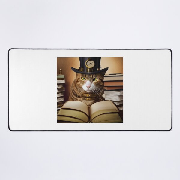 Item preview, Steampunk cat wearing a hat with a clock sitting  on books designed and sold by RemieJames.