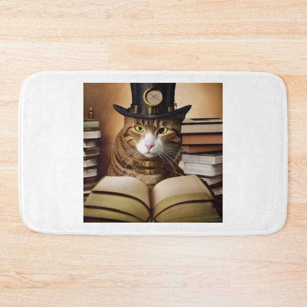 Item preview, Steampunk cat wearing a hat with a clock sitting  on books designed and sold by RemieJames.